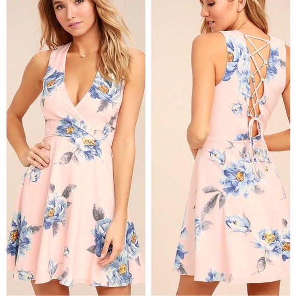 Lulu’s Garden Walk Blush Pink Lace Up Skater Mini Dress - Picture 1 of 8